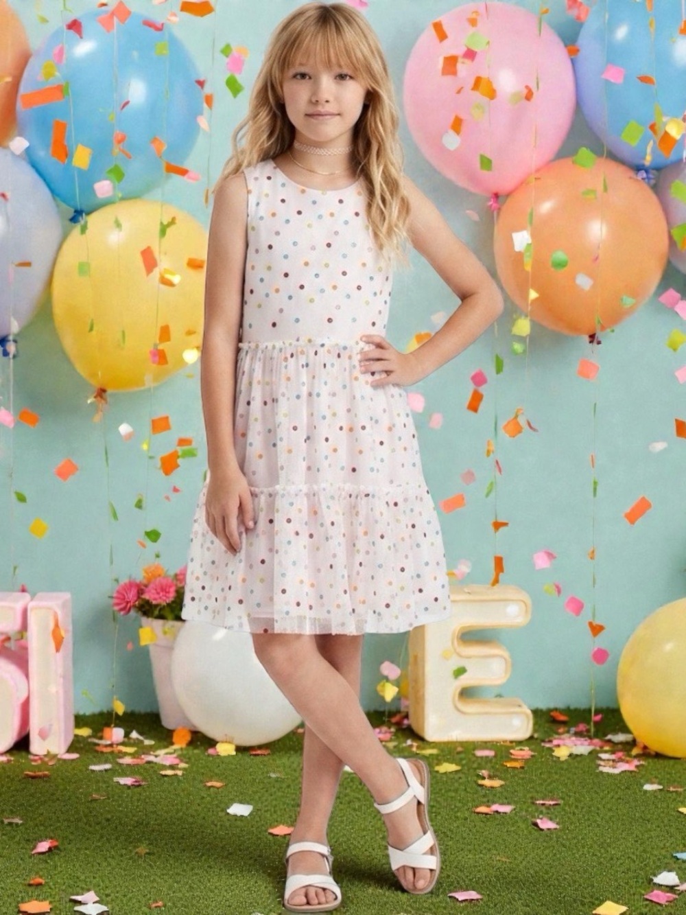 H&M Girls Size 9-10Y Pink Glitter Polka Dot Tiered Tulle Dress